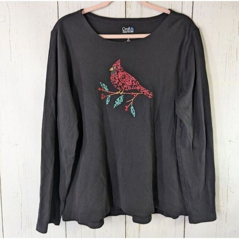 Croft Barrow Size XL The Classic Tee Black Red Cardinal Long Sleeve Cotton Top